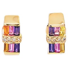 Multicolor Sapphire Baguette Stud Earrings in Yellow Gold