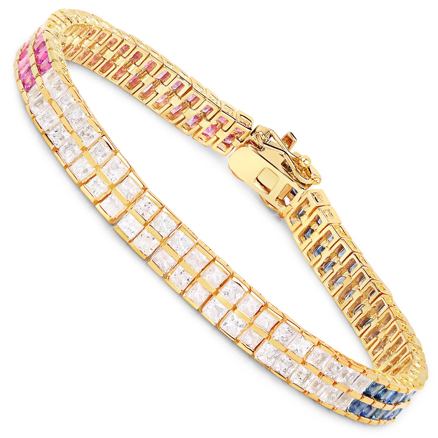 Contemporary Multicolor Sapphire Bracelet Pink Blue White 9.52 Carats 14K Yellow Gold Plated For Sale