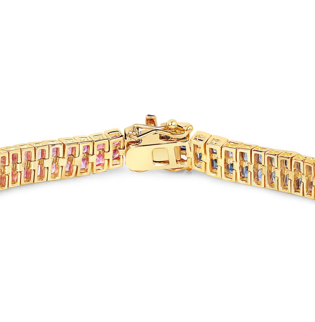 Square Cut Multicolor Sapphire Bracelet Pink Blue White 9.52 Carats 14K Yellow Gold Plated For Sale