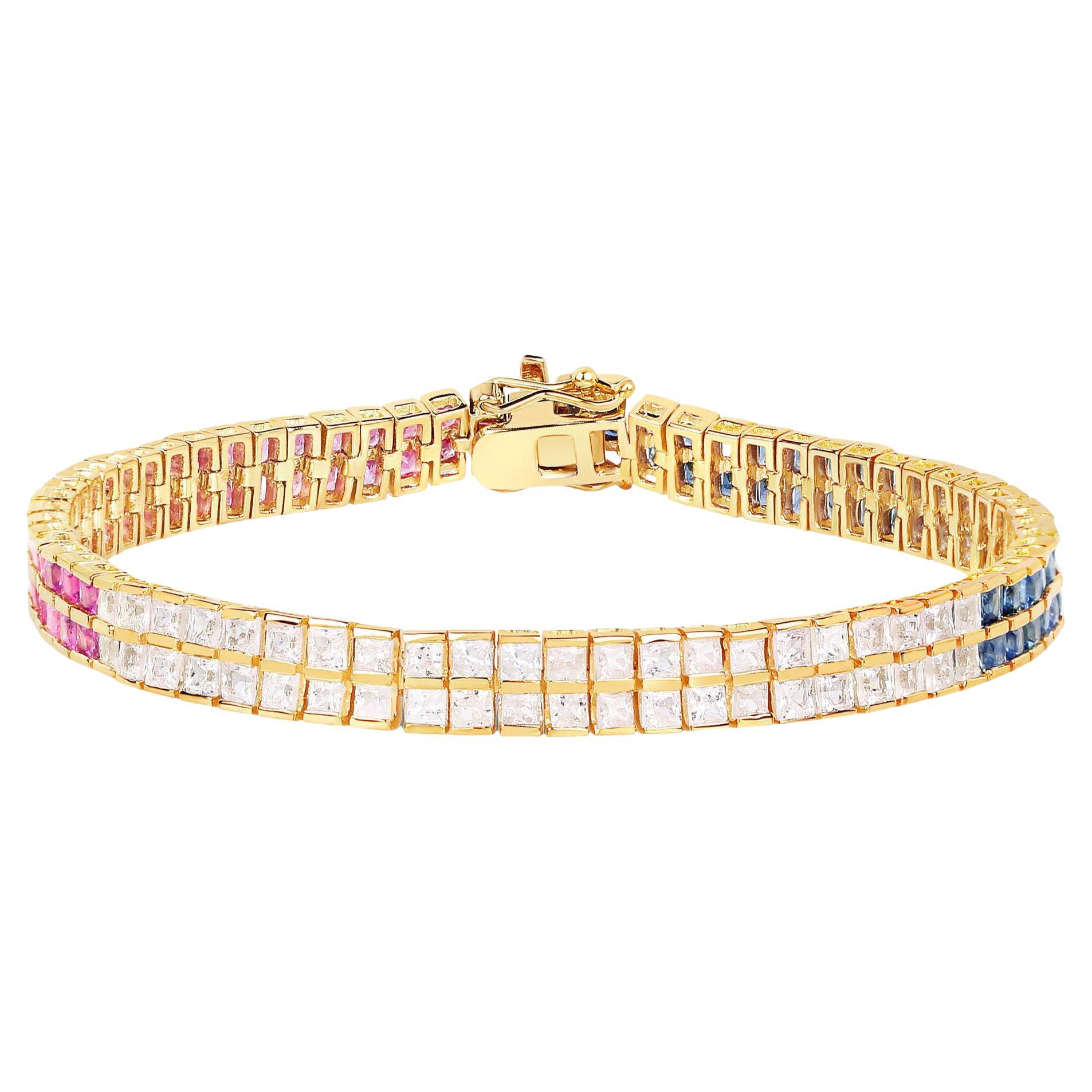 Bracelet plaqué or jaune 14 carats avec saphirs multicolores roses, bleus et blancs 9,52 carats 