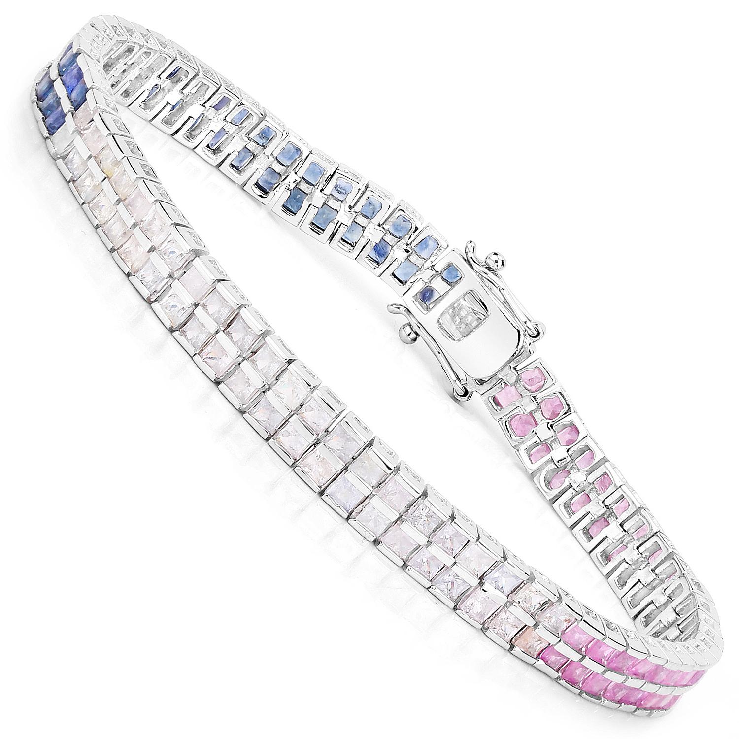 Contemporary Multicolor Sapphire Bracelet Pink Blue White 9.52 Carats Sterling Silver For Sale