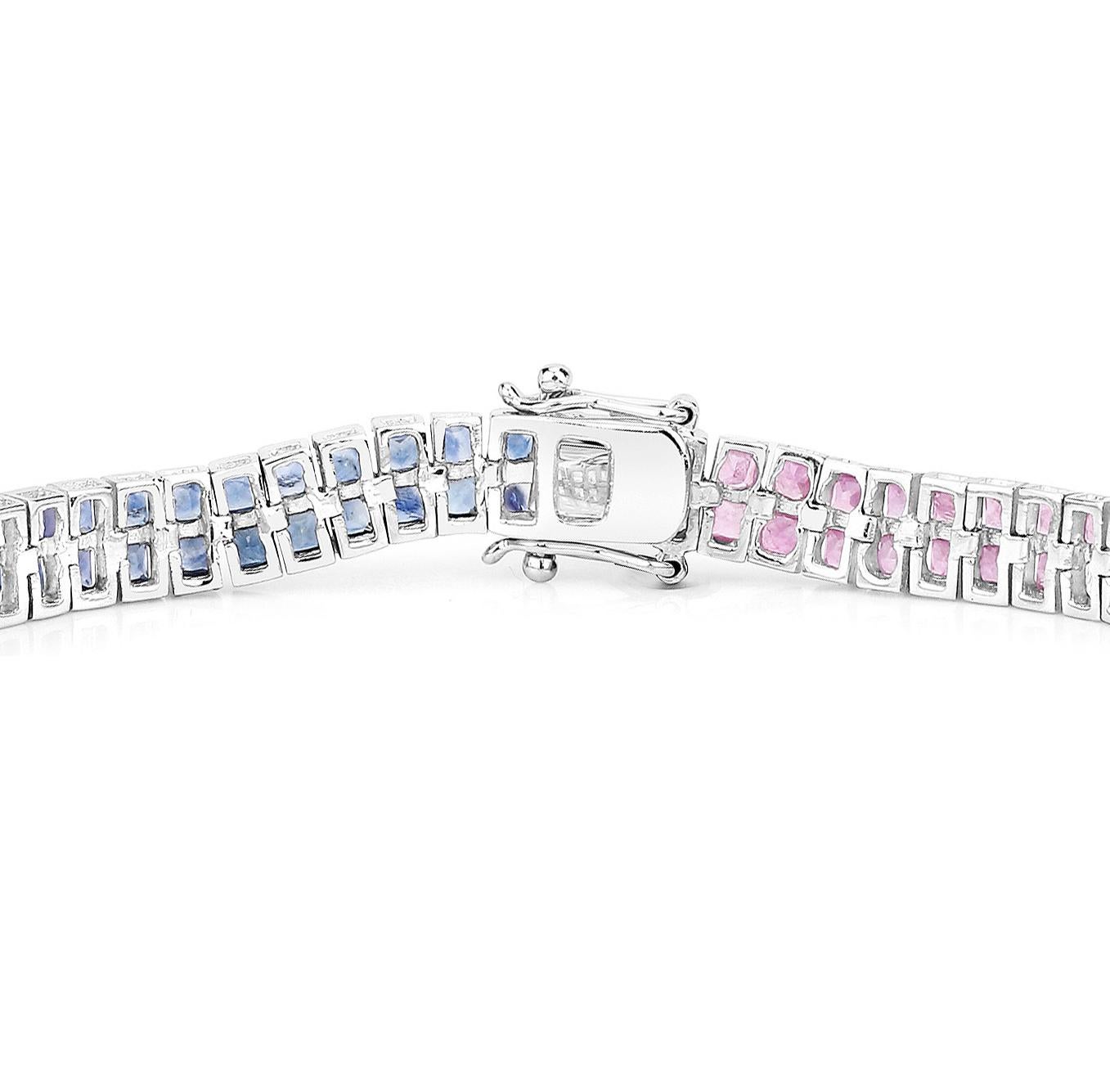 Square Cut Multicolor Sapphire Bracelet Pink Blue White 9.52 Carats Sterling Silver For Sale