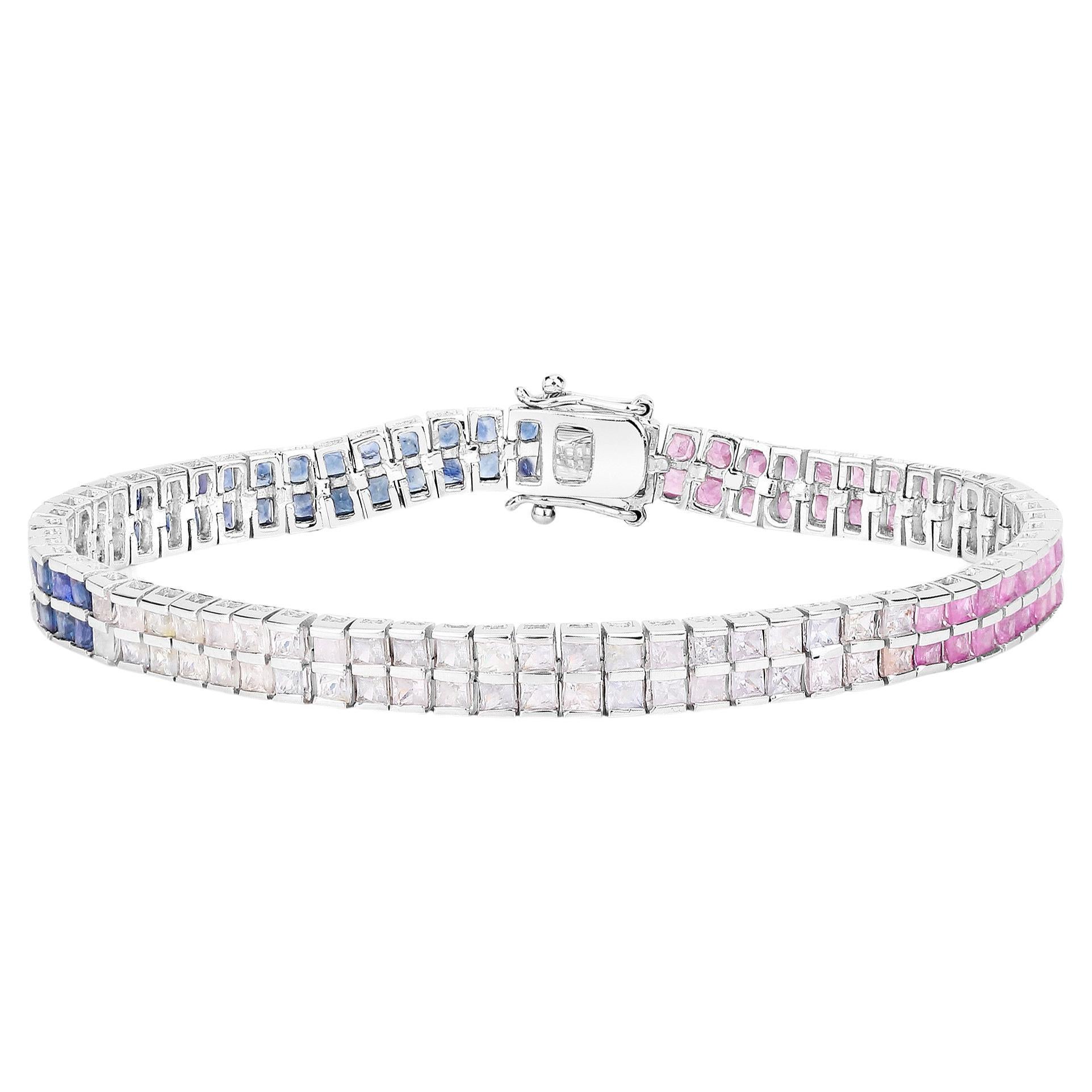 Mehrfarbiges Saphir-Armband Rosa Blau Weiß 9,52 Karat Sterlingsilber im Angebot