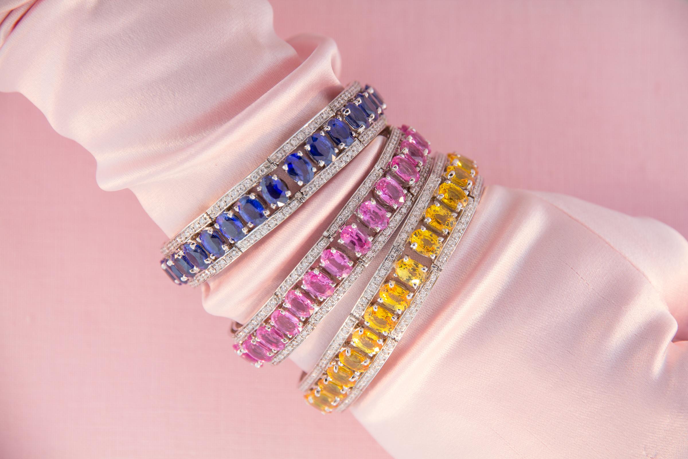 Artist Multicolor Sapphire Bracelet Set with Diamonds Design by Ella Gafter For Sale
