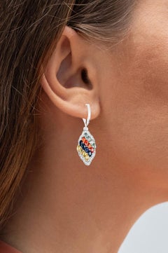 Multicolor Sapphire Cluster Earrings Diamonds 2.95 Carats Sterling Silver