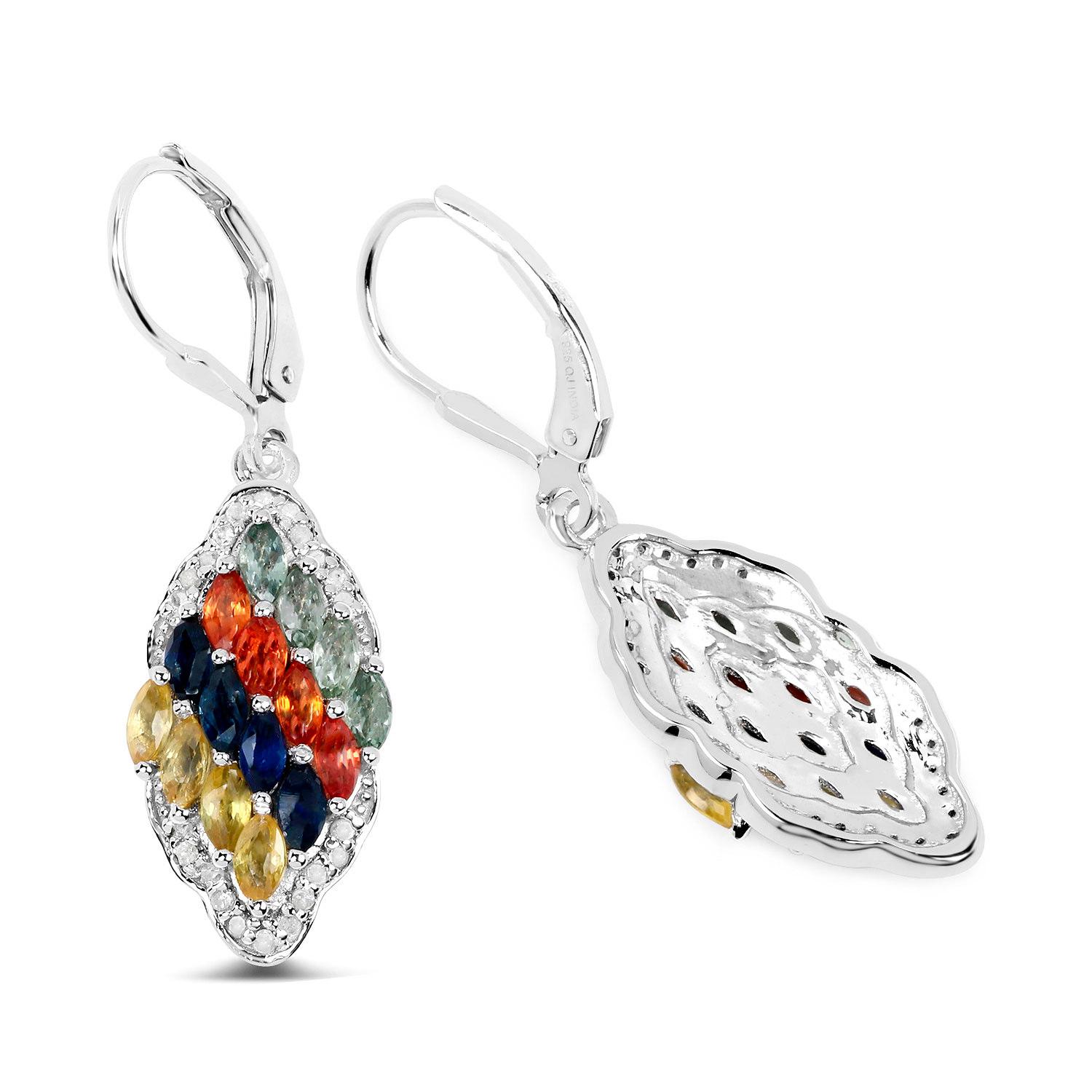 Mehrfarbige Saphir-Cluster-Ohrringe mit Diamanten 2,95 Karat Sterlingsilber (Zeitgenössisch) im Angebot