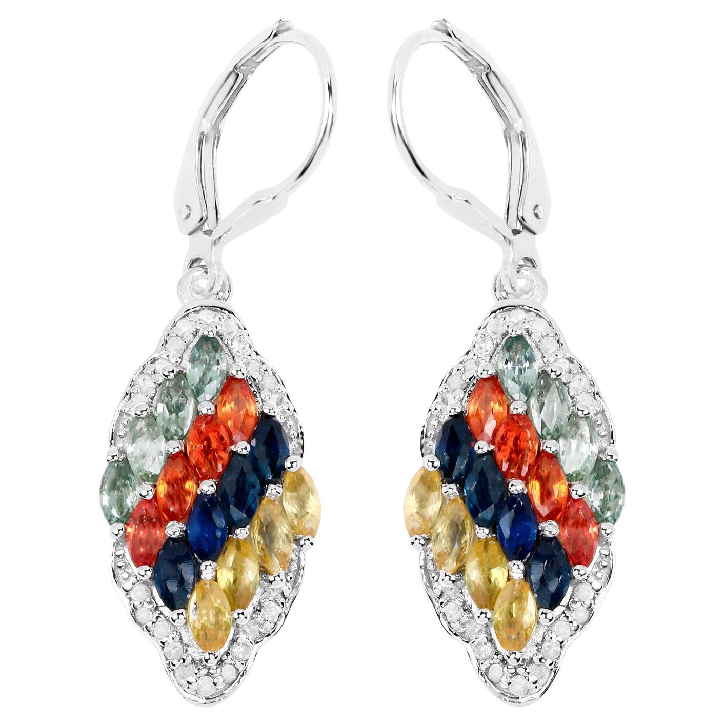 Mehrfarbige Saphir-Cluster-Ohrringe mit Diamanten 2,95 Karat Sterlingsilber