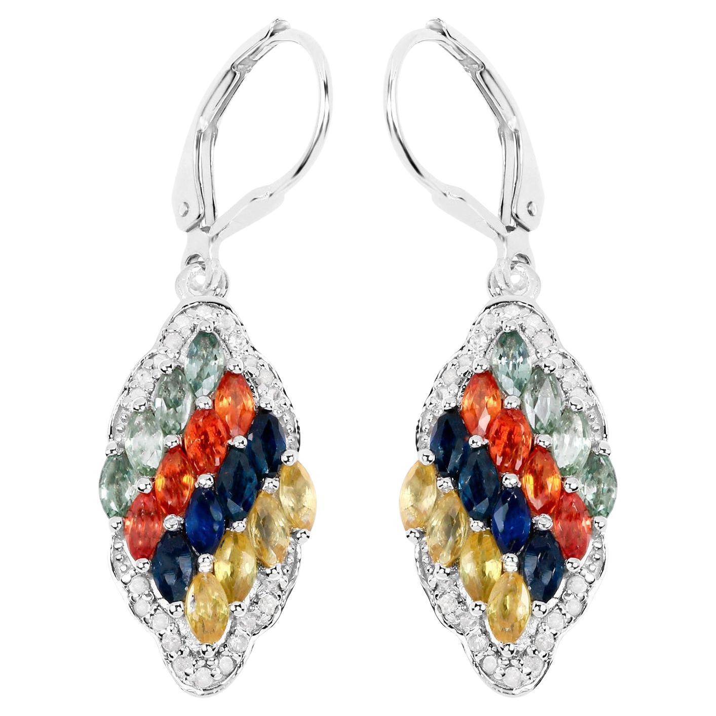 Mehrfarbige Saphir-Cluster-Ohrringe mit Diamanten 2,95 Karat Sterlingsilber im Angebot