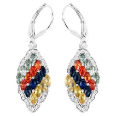 Multicolor Sapphire Cluster Earrings Diamonds 2.95 Carats Sterling Silver