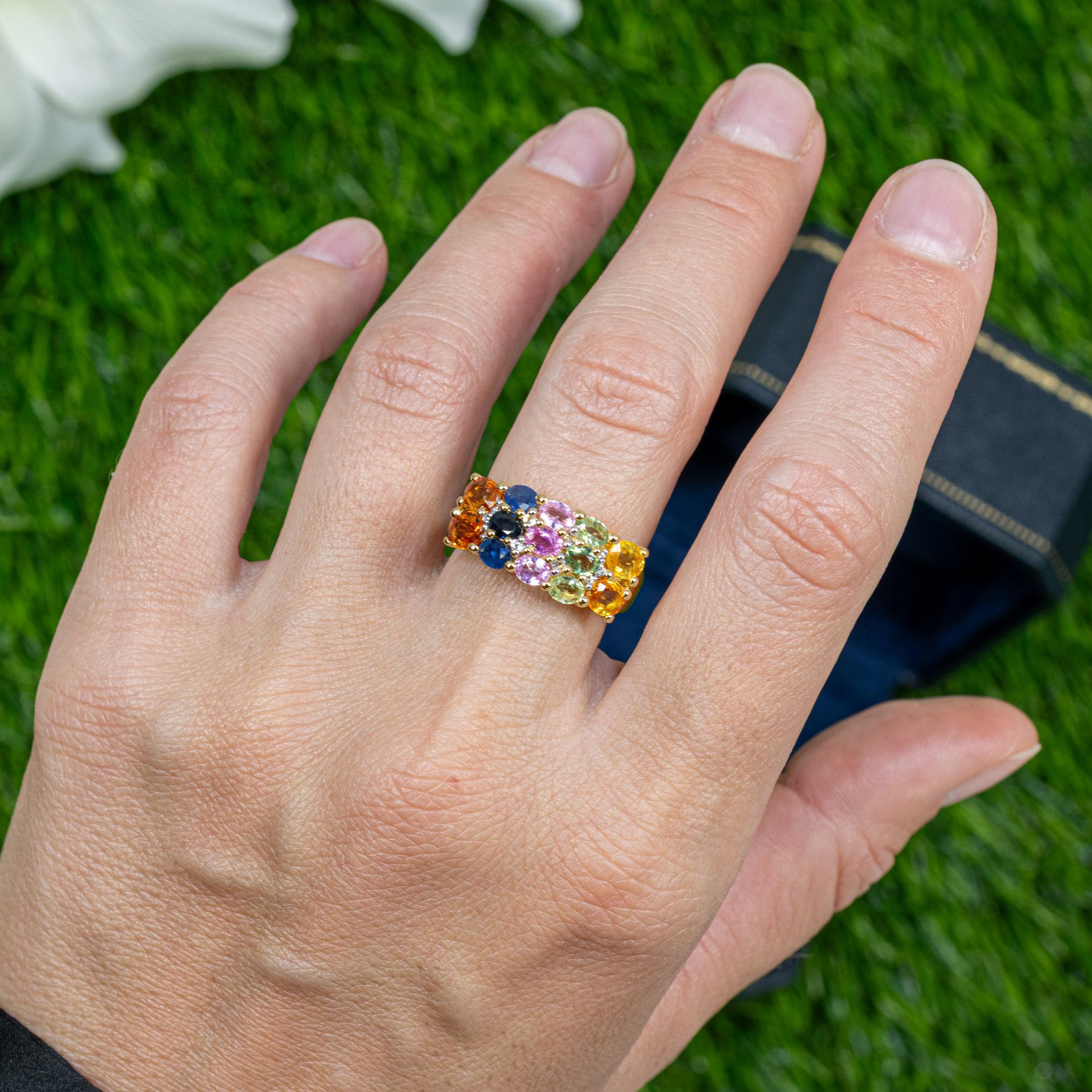 It comes with the Gemological Appraisal by GIA GG/AJP
All gemstones are natural
2 Yellow Sapphires = 0.68 Carats
2 Orange Sapphires = 0.68 Carats
3 Pink Sapphires = 0.60 Carats
3 Blue Sapphires = 0.60 Carats
3 Green Sapphires = 0.60 Carats
10 White