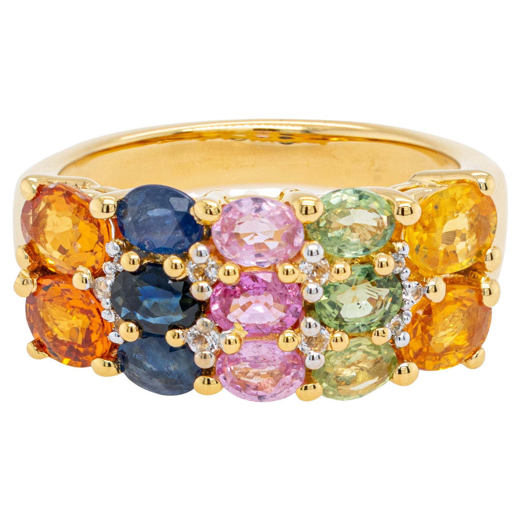 Bague grappe de saphirs multicolores topaze 3,26 carats plaqué or jaune 14 carats