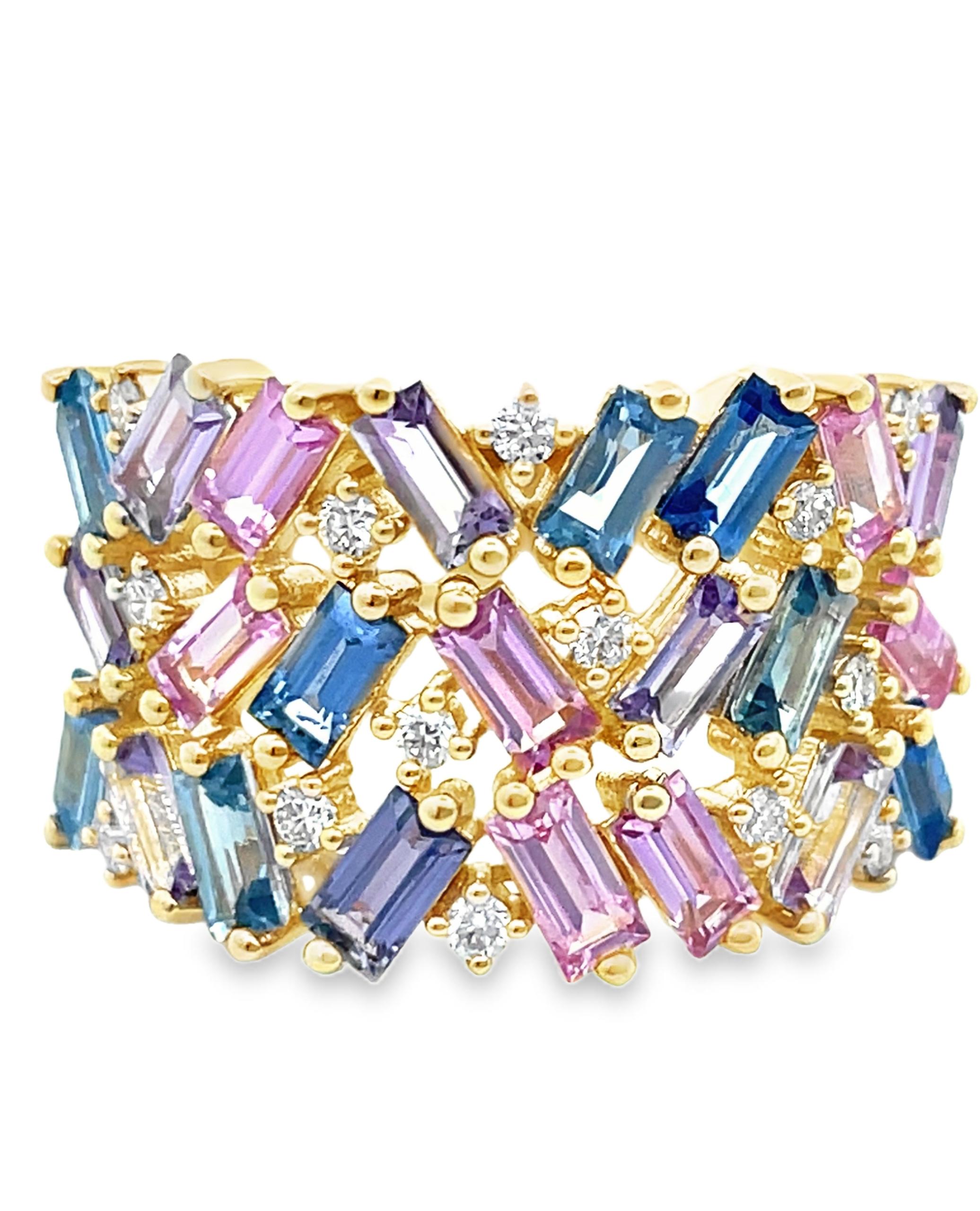 14K yellow gold ring with round diamonds weighing 0.21 carat total, baguette blue sapphires weighing 1.31 carat total, baguette pink sapphires weighing 1.06 carat total, and baguette purple sapphire weighing 1.16 carat total.  

- Finger size 7, can