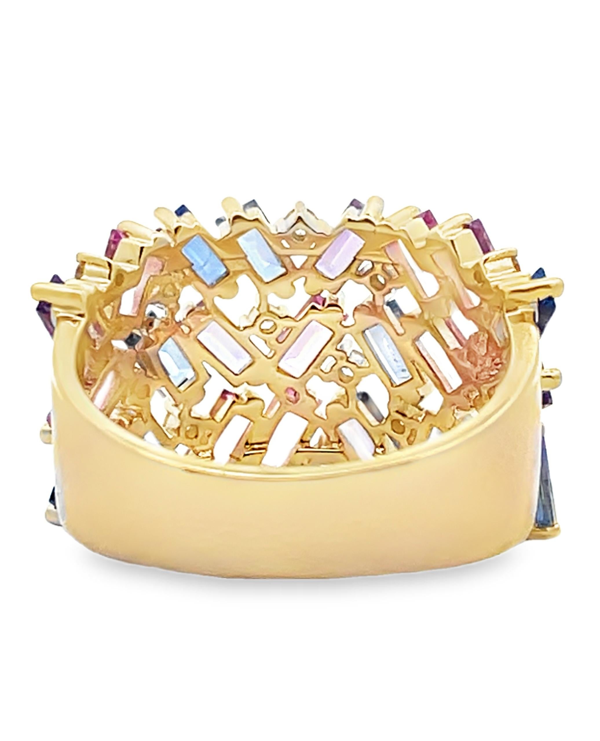 Mixed Cut Multicolor Sapphire Confetti Geometric 14K Yellow Gold Ring with Round Diamonds For Sale