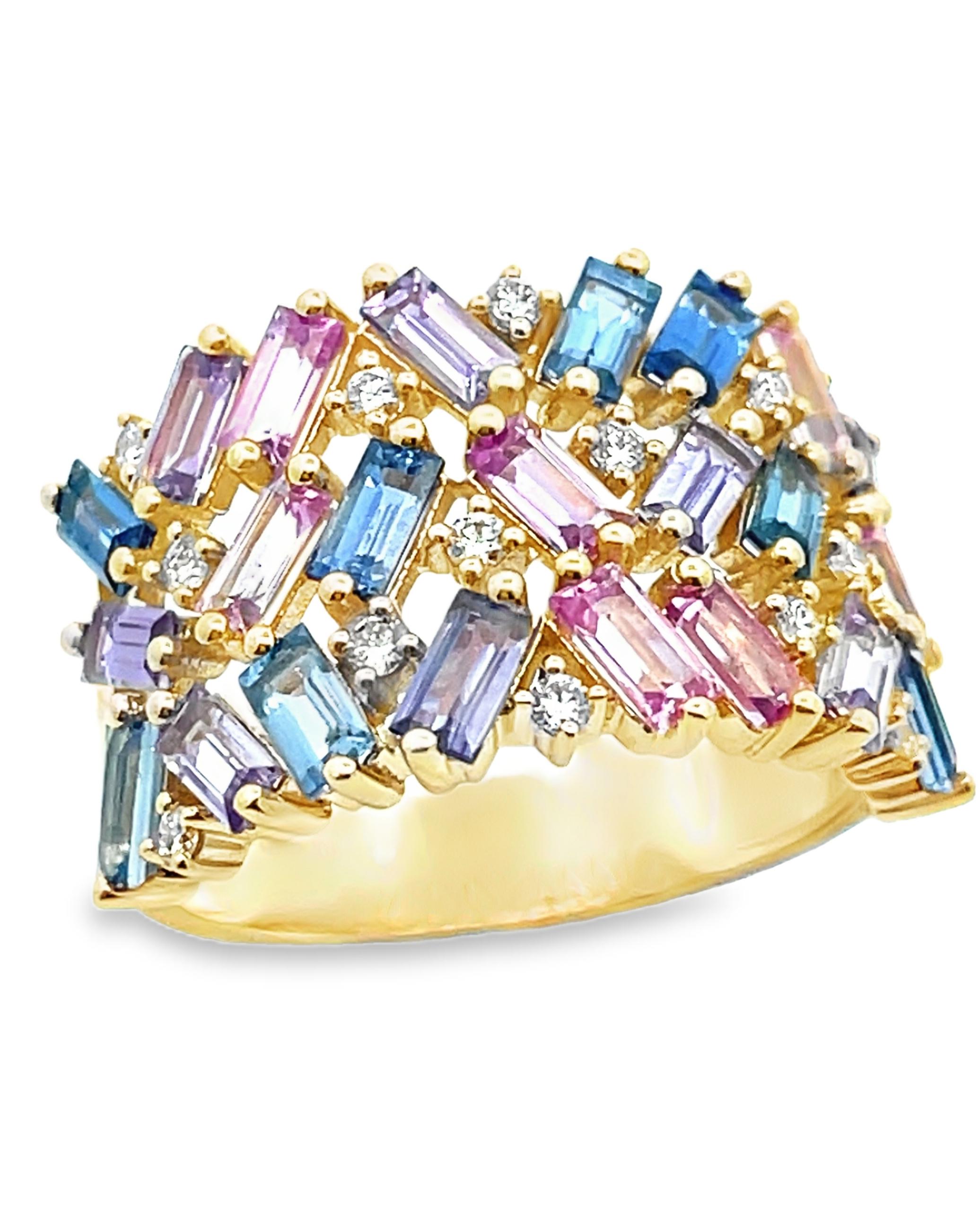 Multicolor Sapphire Confetti Geometric 14K Yellow Gold Ring with Round Diamonds In New Condition For Sale In Old Tappan, NJ