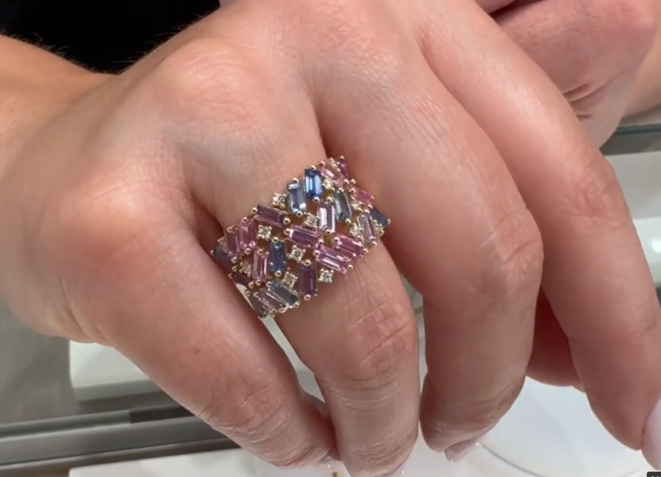 Multicolor Sapphire Confetti Geometric 14K Yellow Gold Ring with Round Diamonds For Sale 2