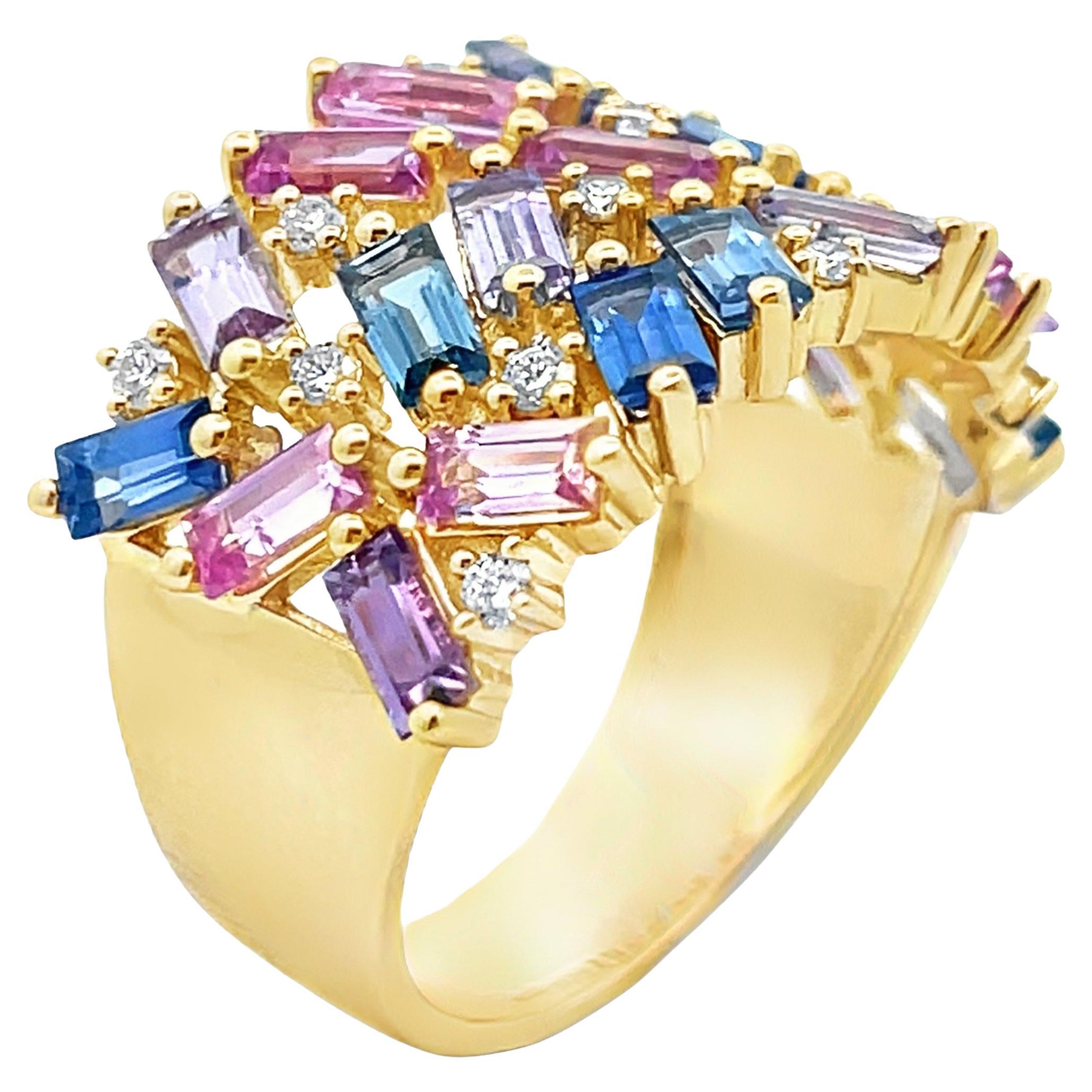 Multicolor Sapphire Confetti Geometric 14K Yellow Gold Ring with Round Diamonds For Sale