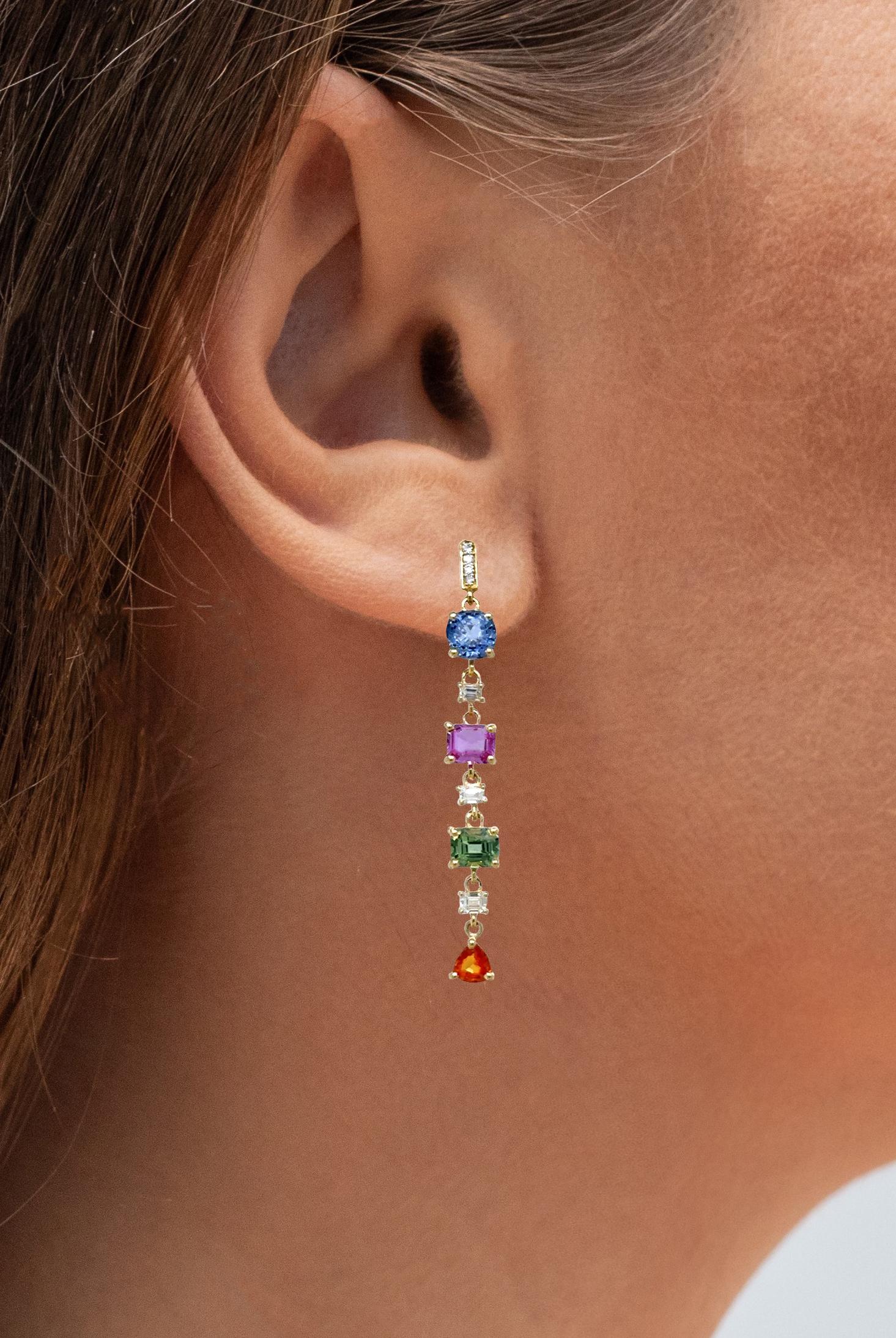 Contemporary Multicolor Sapphire Dangle Earrings With Diamonds 4.23 Carats 18K Yellow Gold For Sale