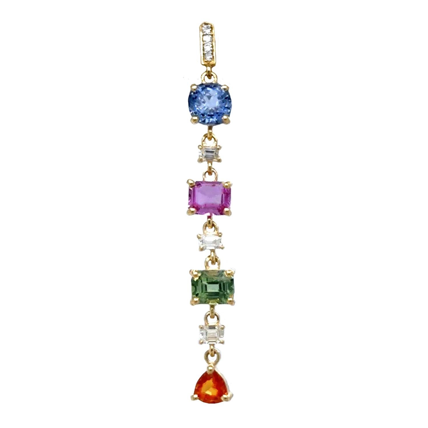 Mixed Cut Multicolor Sapphire Dangle Earrings With Diamonds 4.23 Carats 18K Yellow Gold For Sale