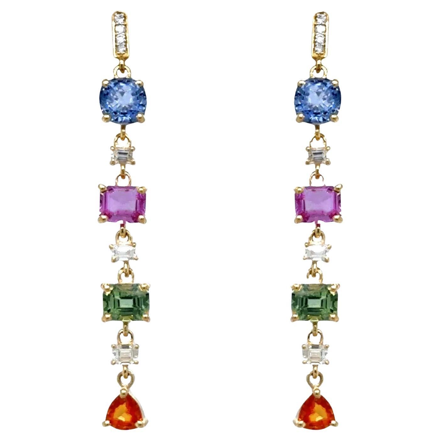Multicolor Sapphire Dangle Earrings With Diamonds 4.23 Carats 18K Yellow Gold For Sale