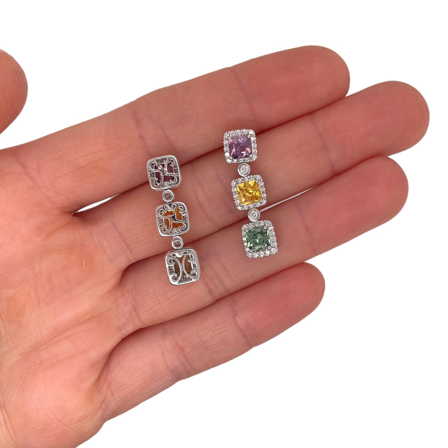 Modern Multicolor Sapphire & Diamond Drop Earring in 18k White Gold For Sale
