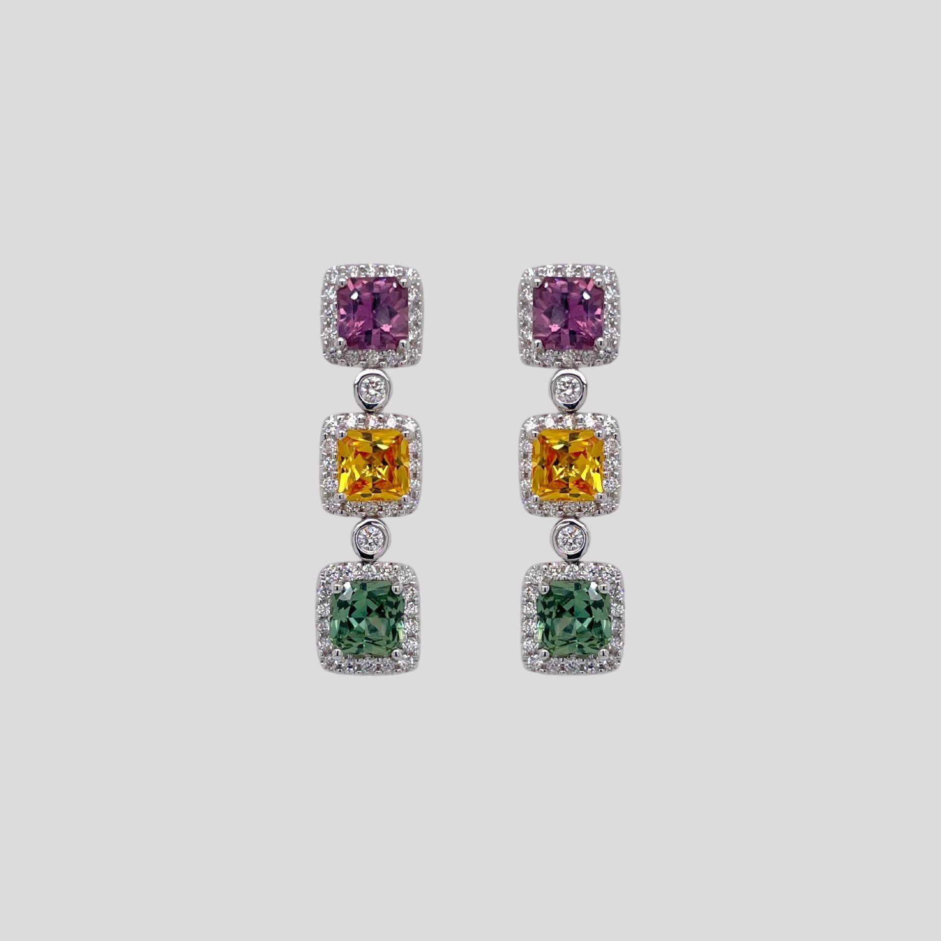 Square Cut Multicolor Sapphire & Diamond Drop Earring in 18k White Gold For Sale