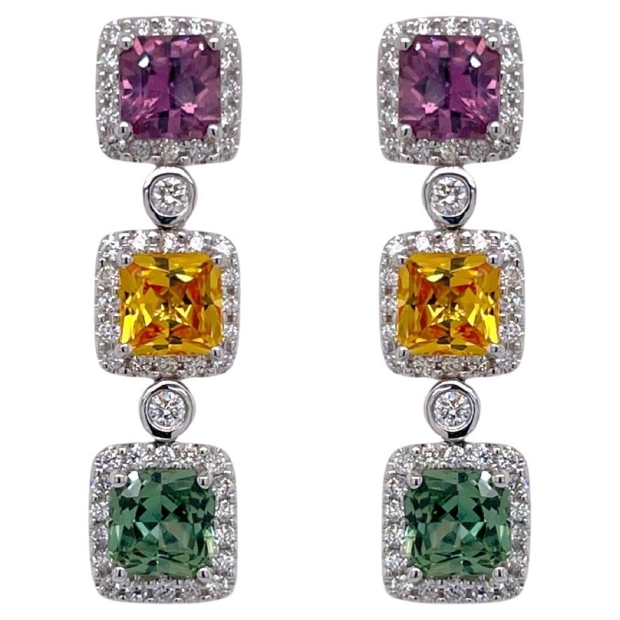Multicolor Sapphire & Diamond Drop Earring in 18k White Gold