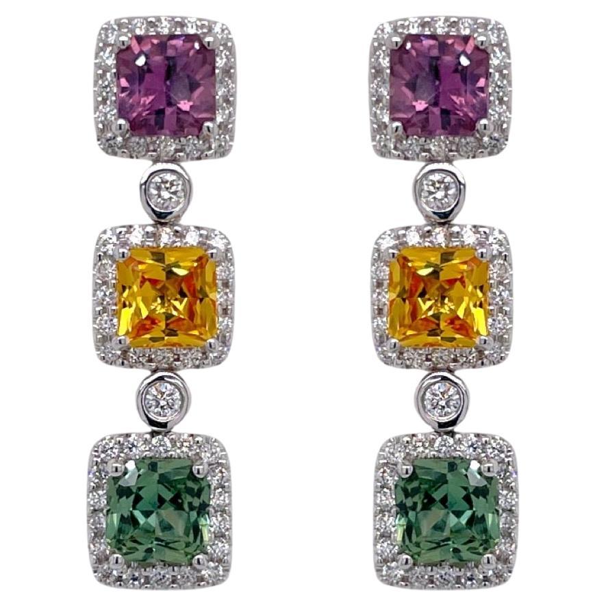 Multicolor Sapphire & Diamond Drop Earring in 18k White Gold For Sale