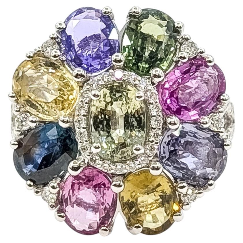 Multicolor Sapphire & Diamond Floral Cocktail Ring in Platinum- GIA 2235890927