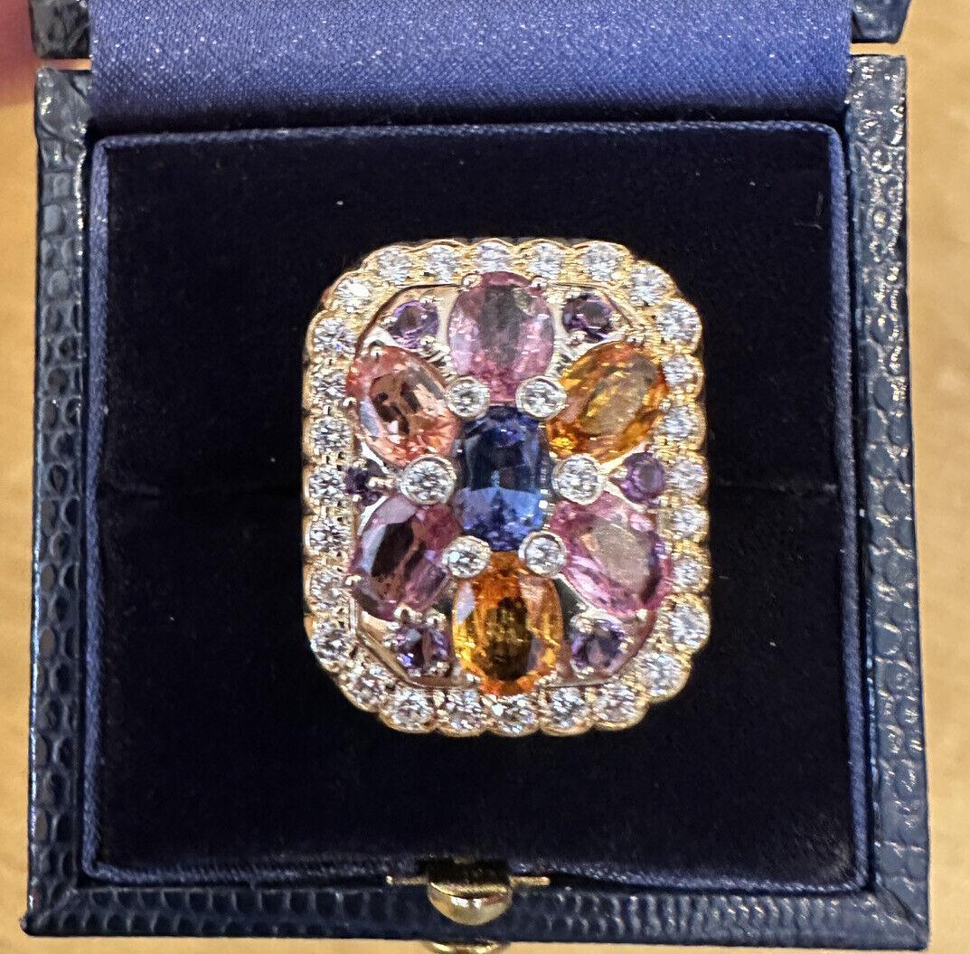 Modern Multicolor Sapphire & Diamond Large Cocktail Ring in 18k Yellow Gold For Sale