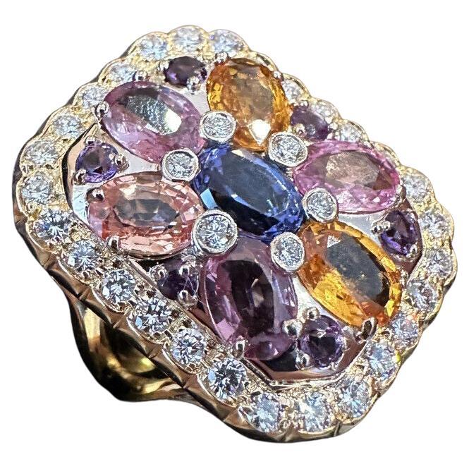 Multicolor Sapphire & Diamond Large Cocktail Ring in 18k Yellow Gold For Sale