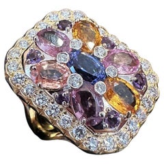 Multicolor Sapphire & Diamond Large Cocktail Ring in 18k Yellow Gold
