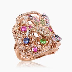 Multicolor Sapphire & Diamond Pave Hummingbird Flower 18K Rose Gold Animal Ring