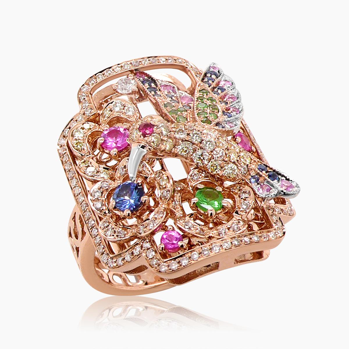 Multicolor Sapphire & Diamond Pave Hummingbird Flower 18K Rose Gold Animal Ring In New Condition For Sale In Oakton, VA