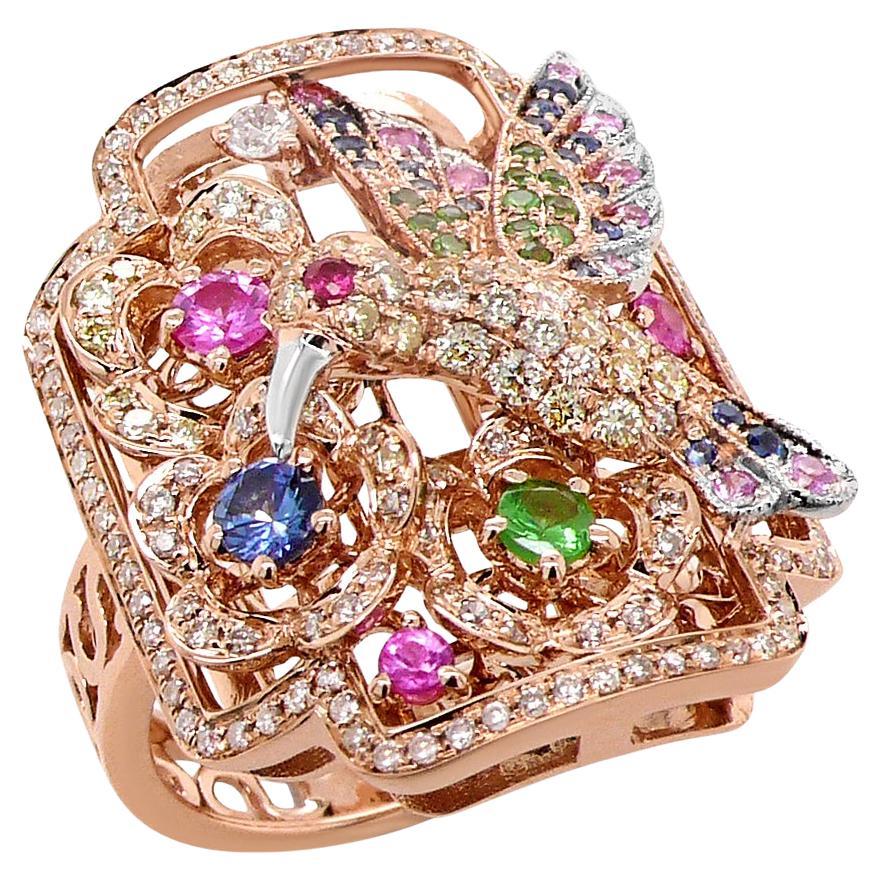 Multicolor Sapphire & Diamond Pave Hummingbird Flower 18K Rose Gold Animal Ring For Sale