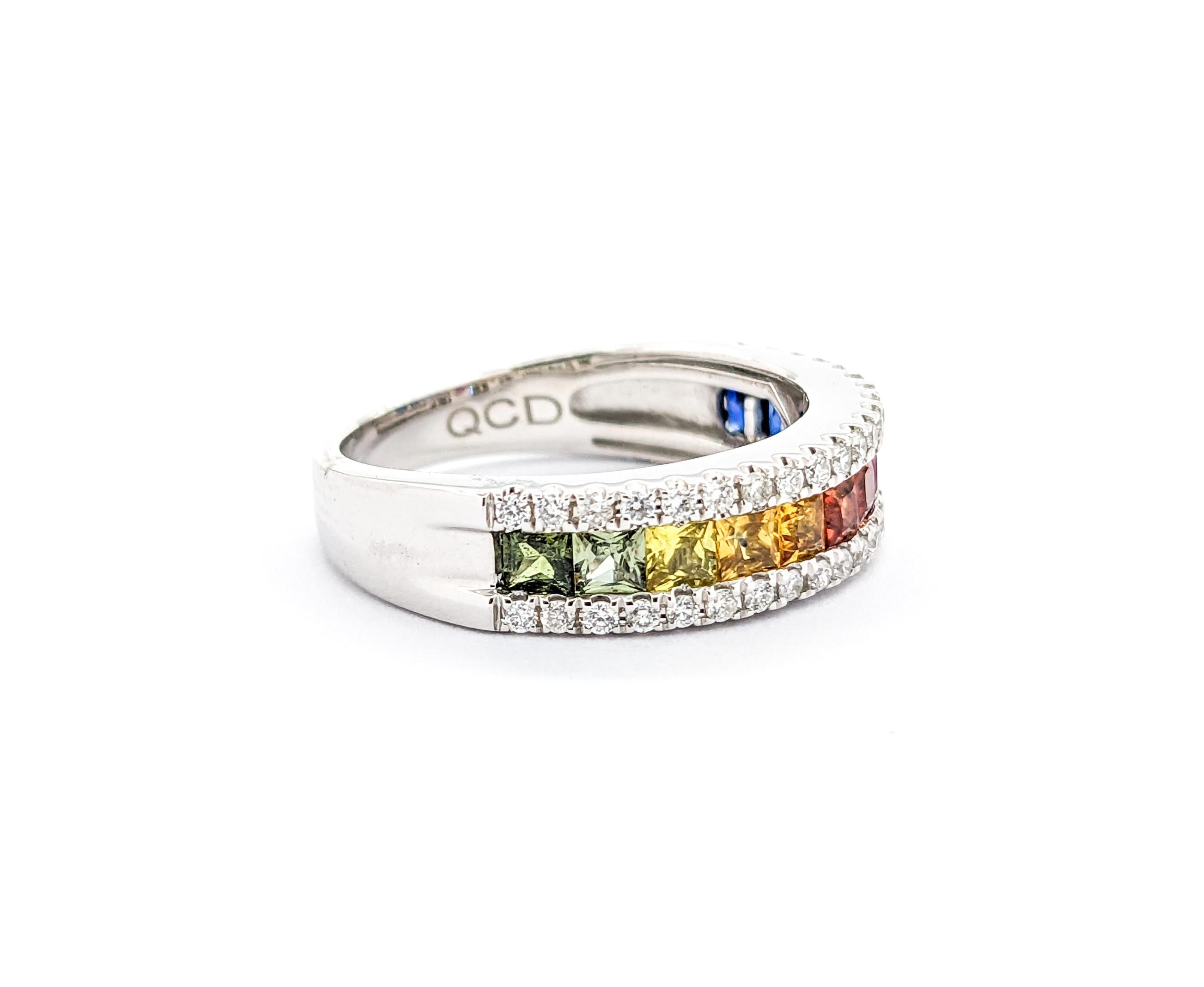 Multicolor Sapphire & Diamond Rainbow Band Ring in White Gold For Sale 4