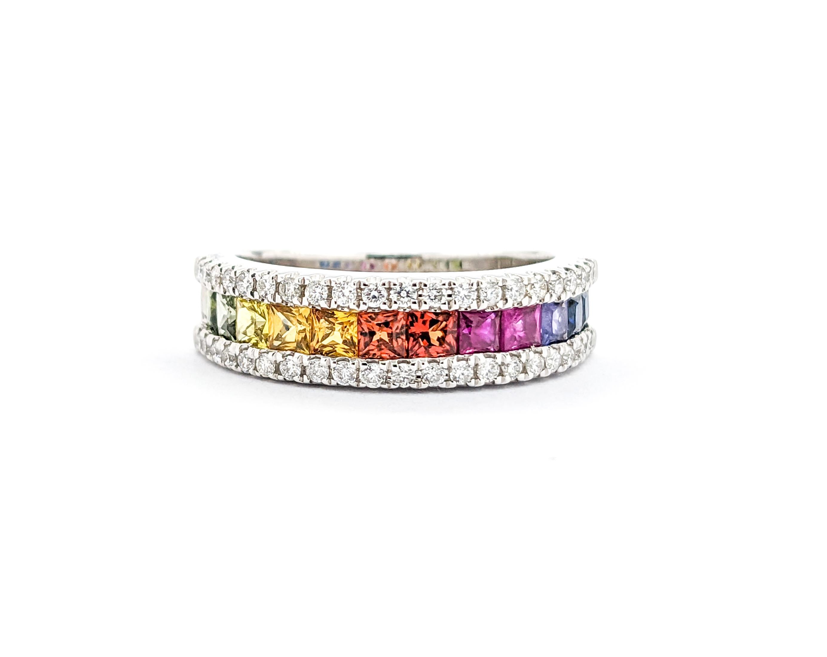 Multicolor Sapphire & Diamond Rainbow Band Ring in White Gold For Sale 6