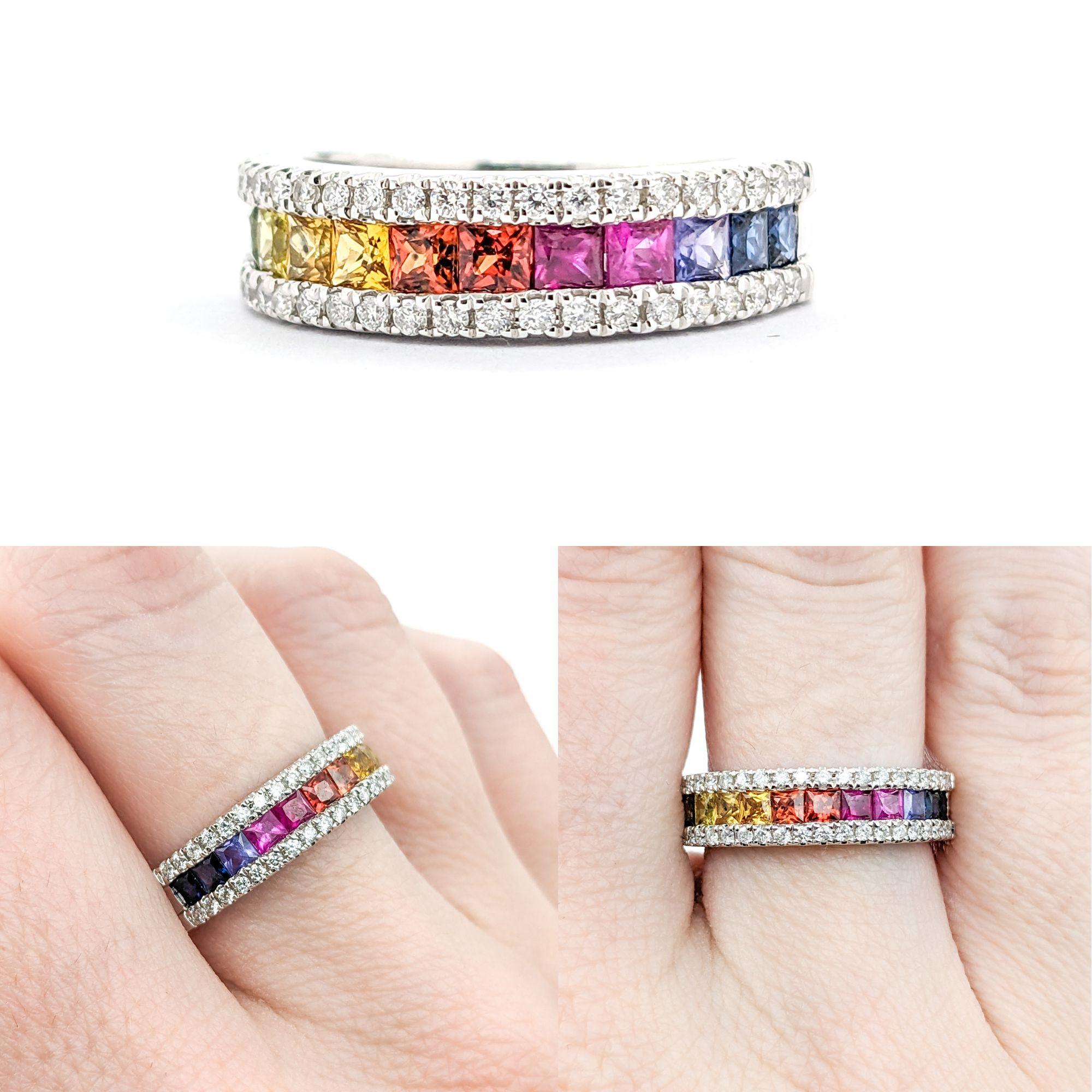 Multicolor Sapphire & Diamond Rainbow Band Ring in White Gold

Introducing this beautiful multicolor Sapphire ring crafted in 14k white gold. The ring features a 1.26ctw Multi-Color Sapphire Row Flanked by .33ctw glittering Round Diamonds. The