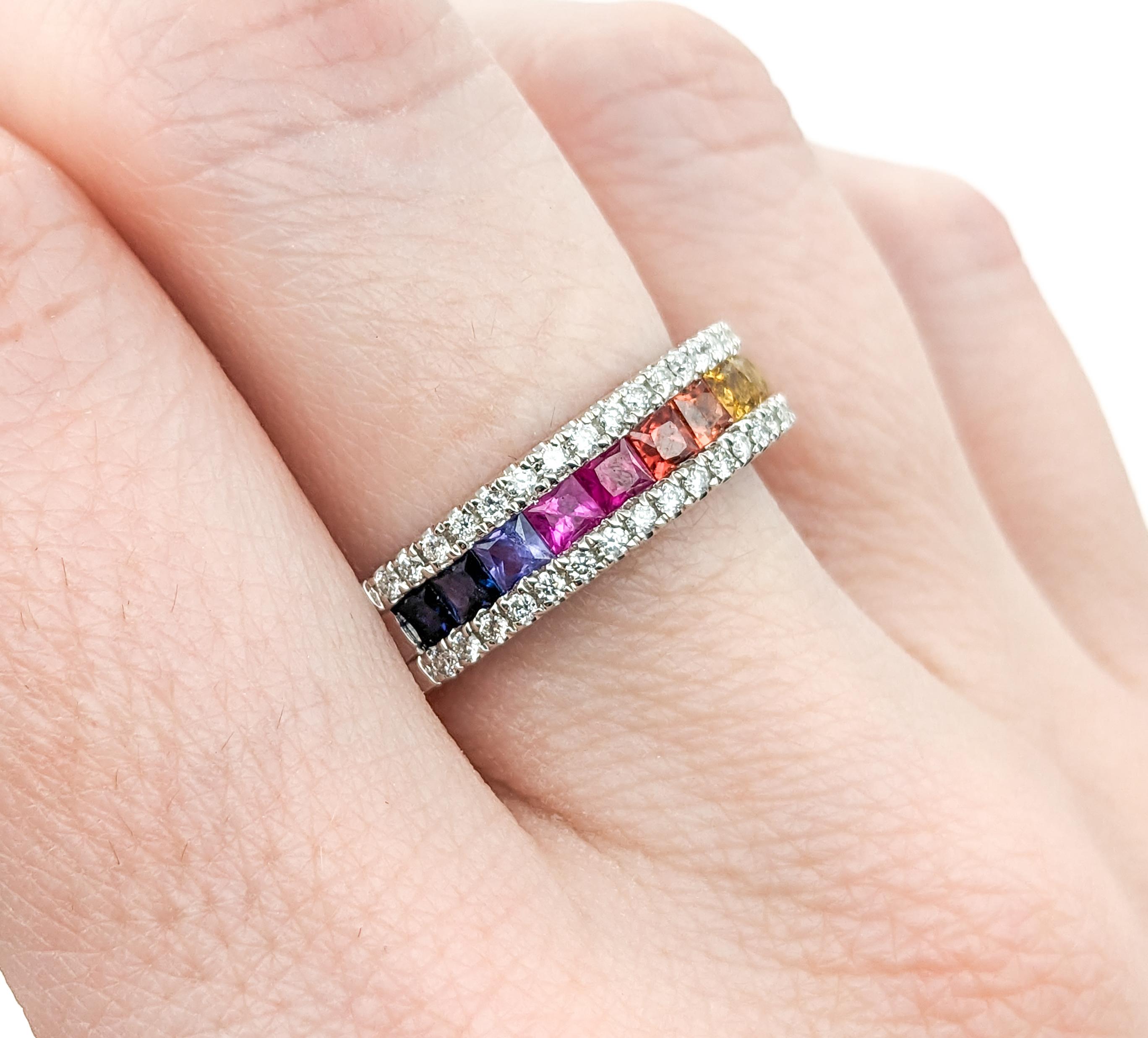 Contemporary Multicolor Sapphire & Diamond Rainbow Band Ring in White Gold For Sale