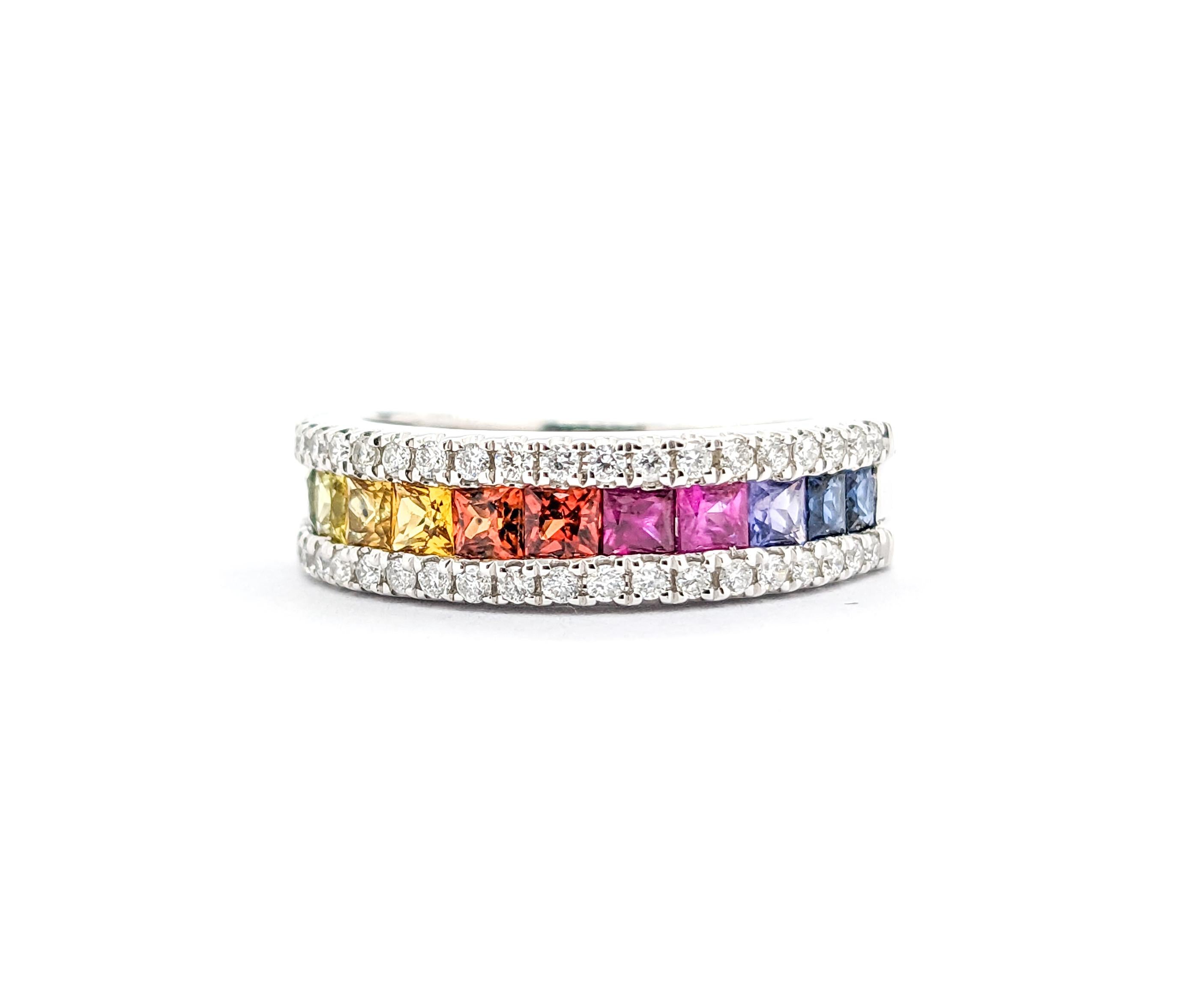 Women's Multicolor Sapphire & Diamond Rainbow Band Ring in White Gold For Sale