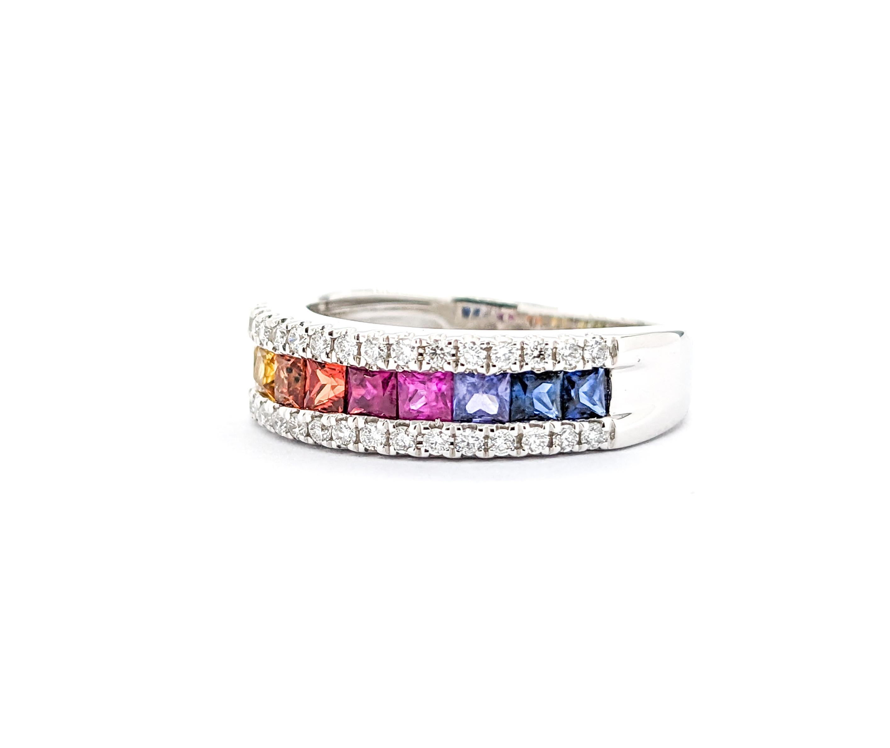 Multicolor Sapphire & Diamond Rainbow Band Ring in White Gold For Sale 1