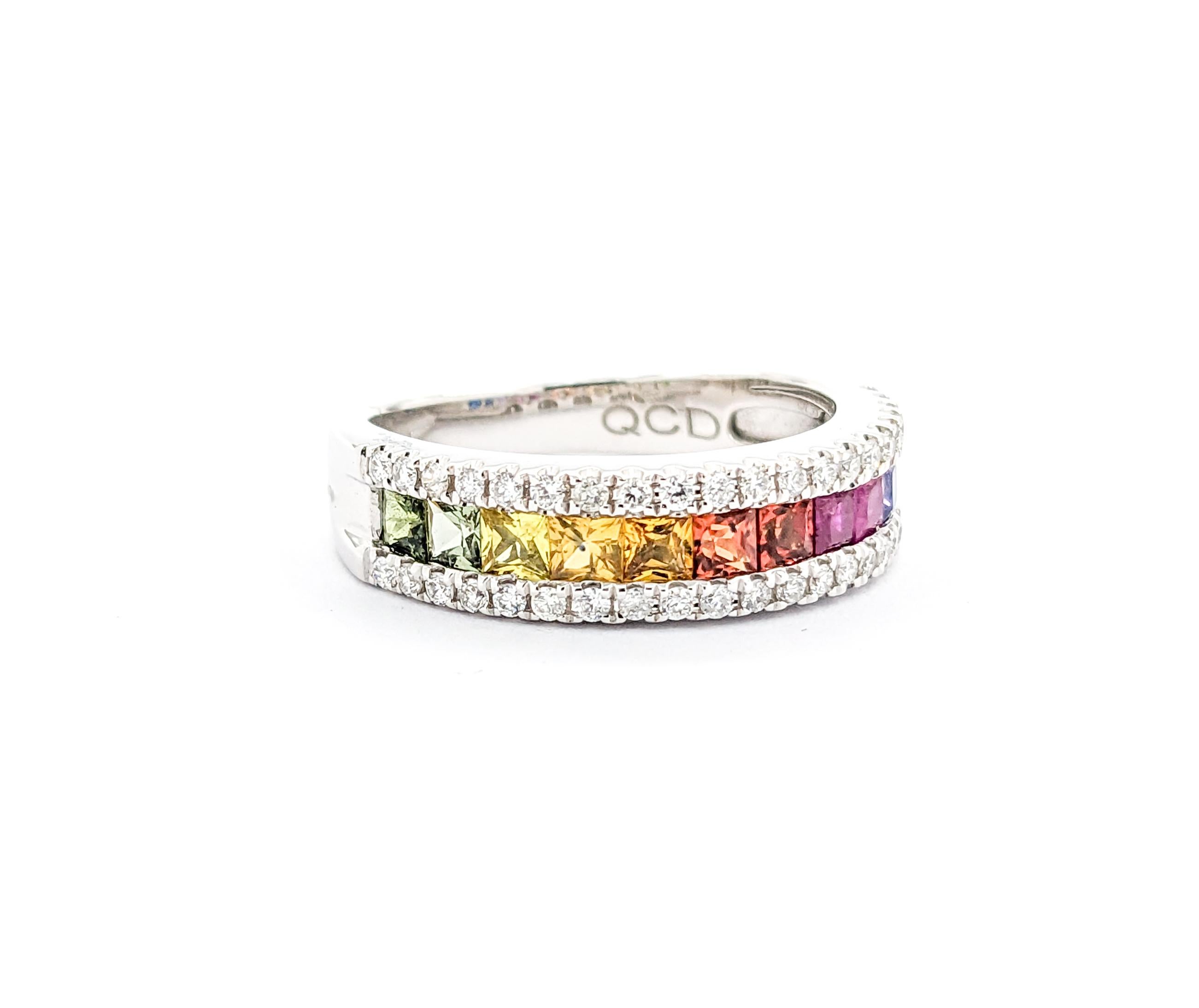 Multicolor Sapphire & Diamond Rainbow Band Ring in White Gold For Sale 2