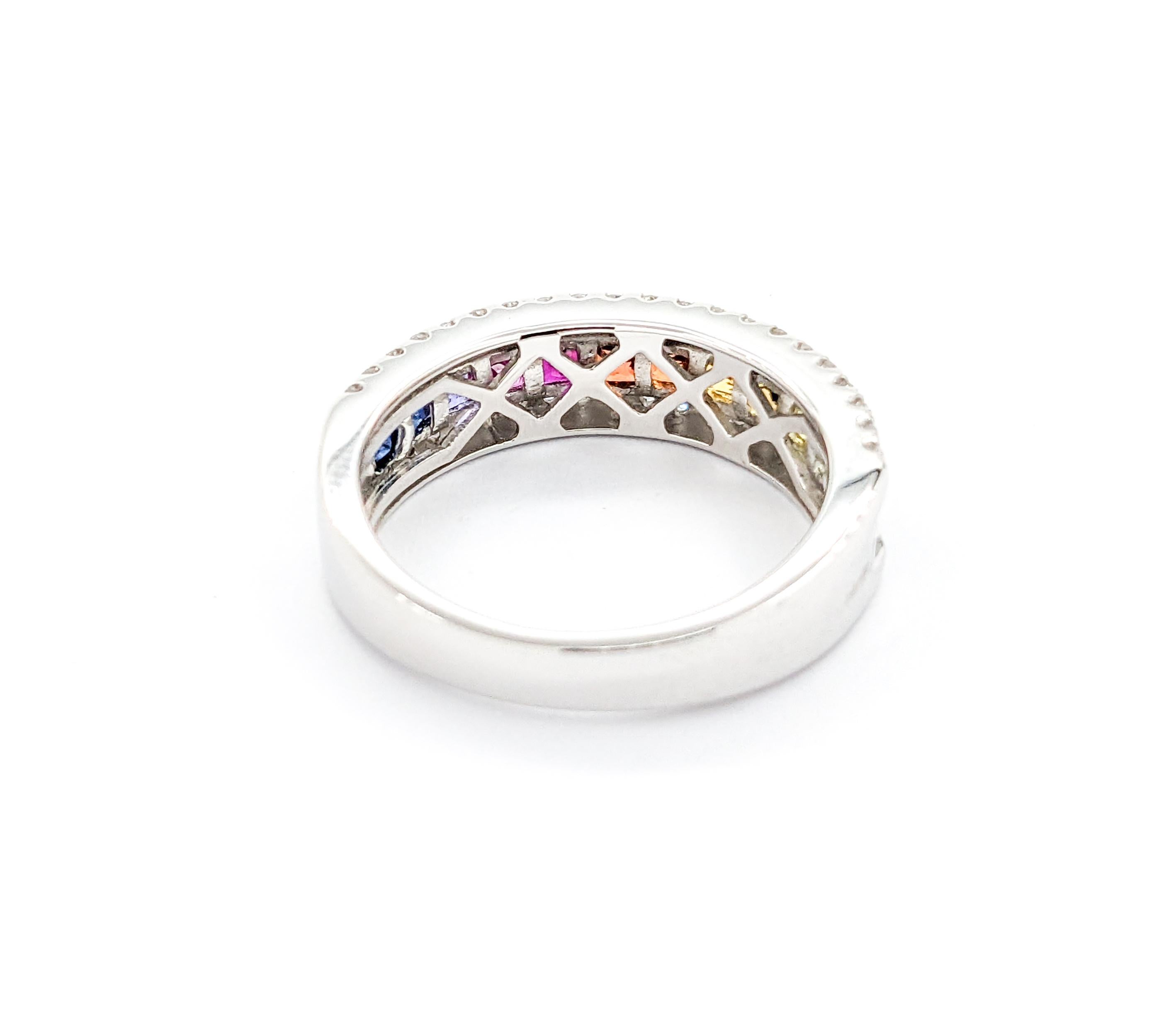Multicolor Sapphire & Diamond Rainbow Band Ring in White Gold For Sale 3