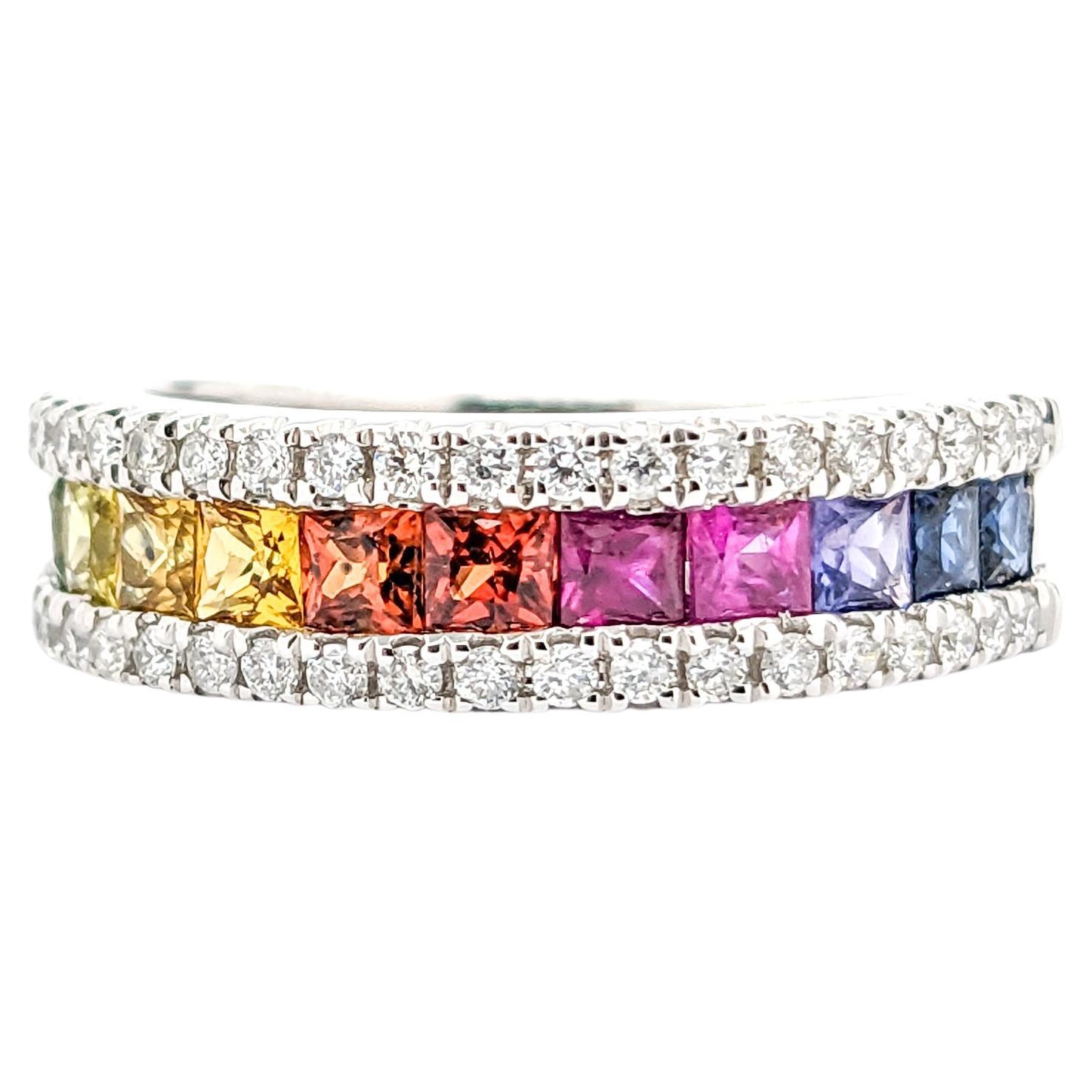 Multicolor Sapphire & Diamond Rainbow Band Ring in White Gold For Sale