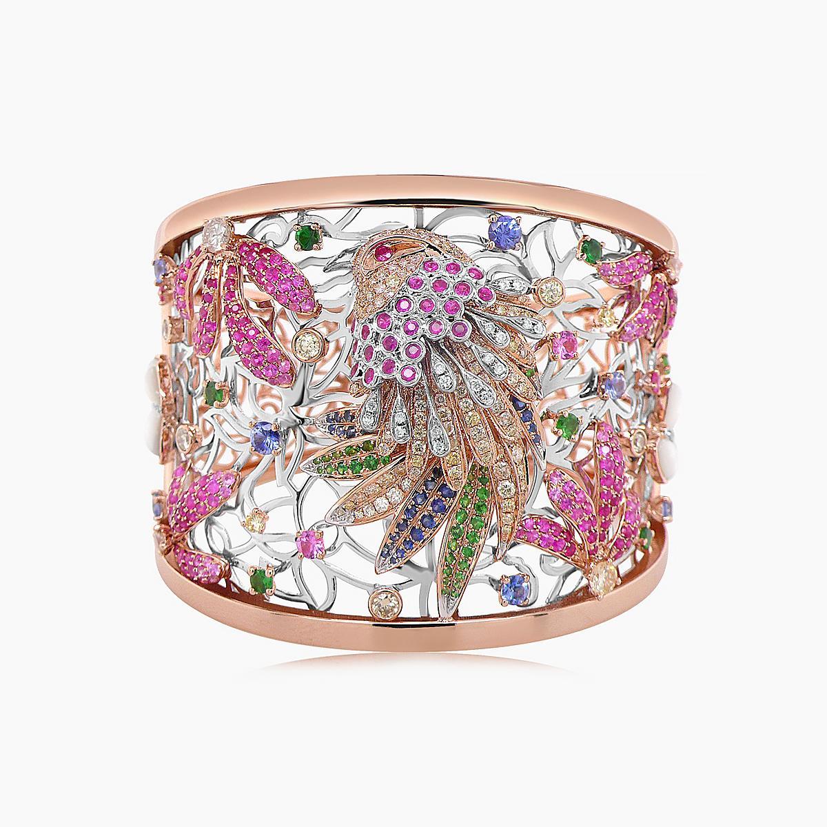 Mixed Cut Multicolor Sapphire & Diamonds Garnets Eagle Bird 18K Rose Gold Bracelet Bangle For Sale