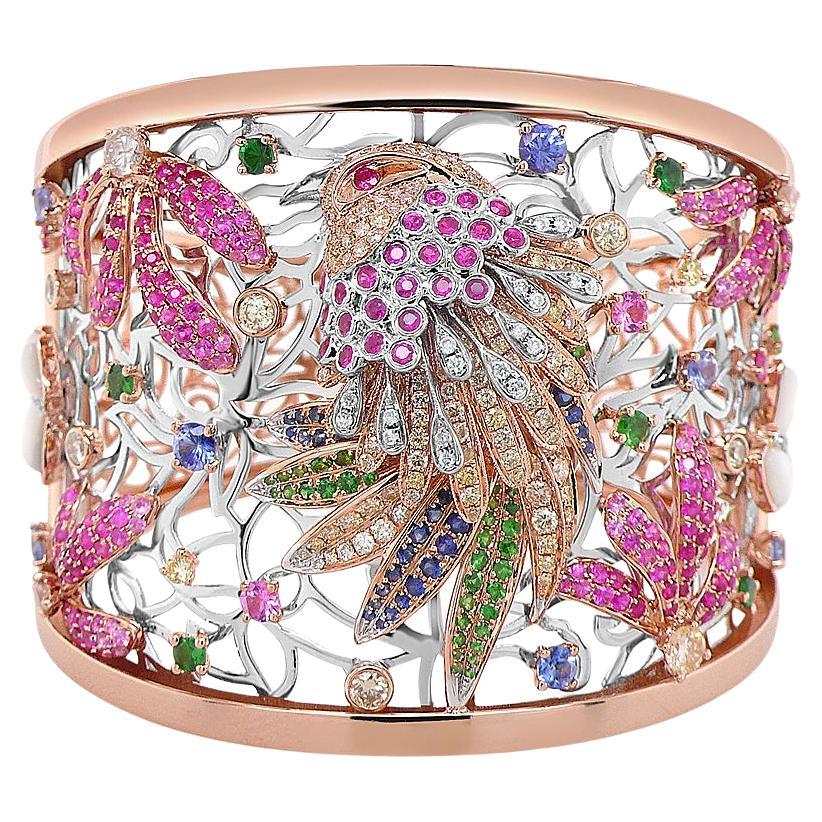 Multicolor Sapphire & Diamonds Garnets Eagle Bird 18K Rose Gold Bracelet Bangle For Sale