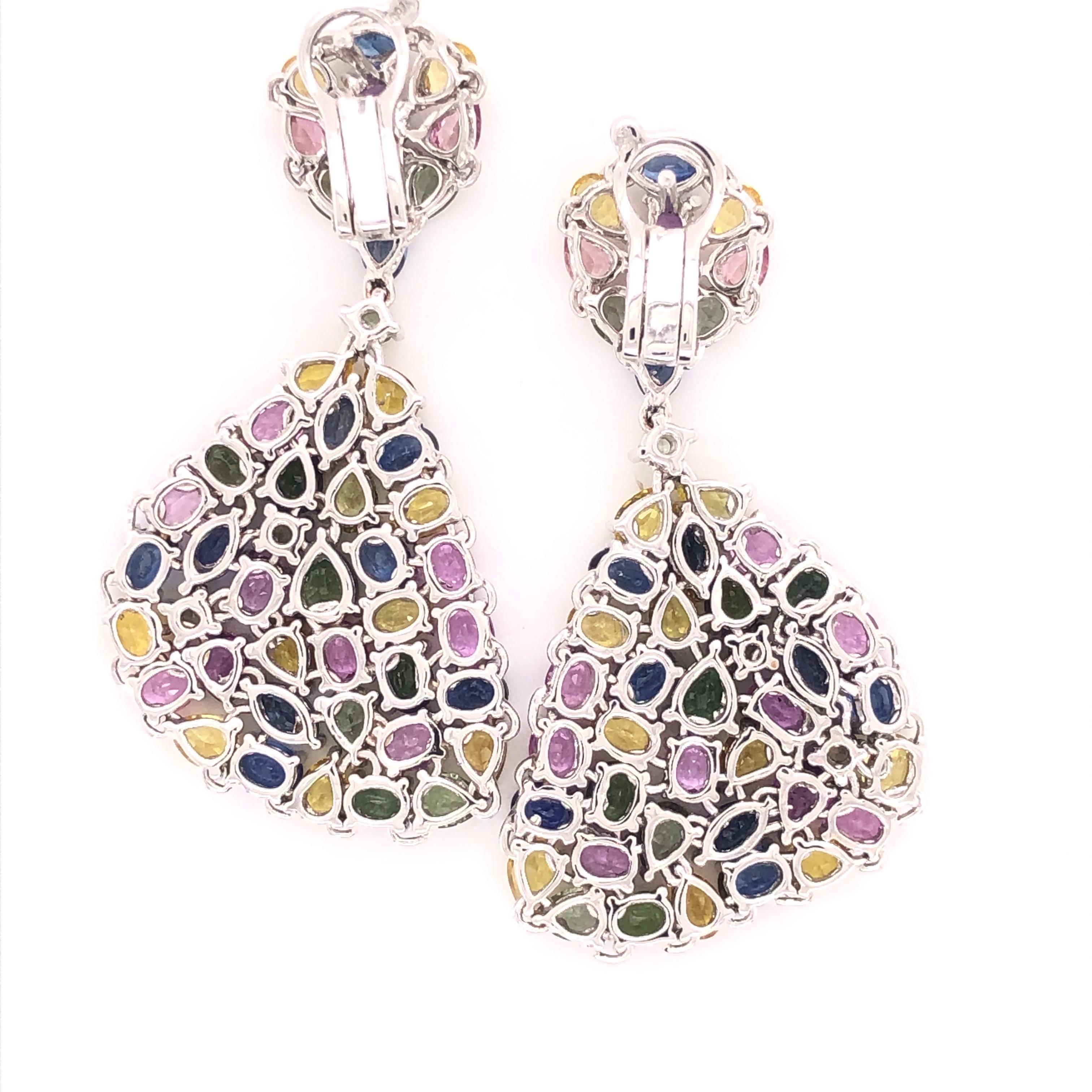 Mixed Cut Multi-Color Sapphire Gemstone Dangle Earrings 18 Karat White Gold For Sale