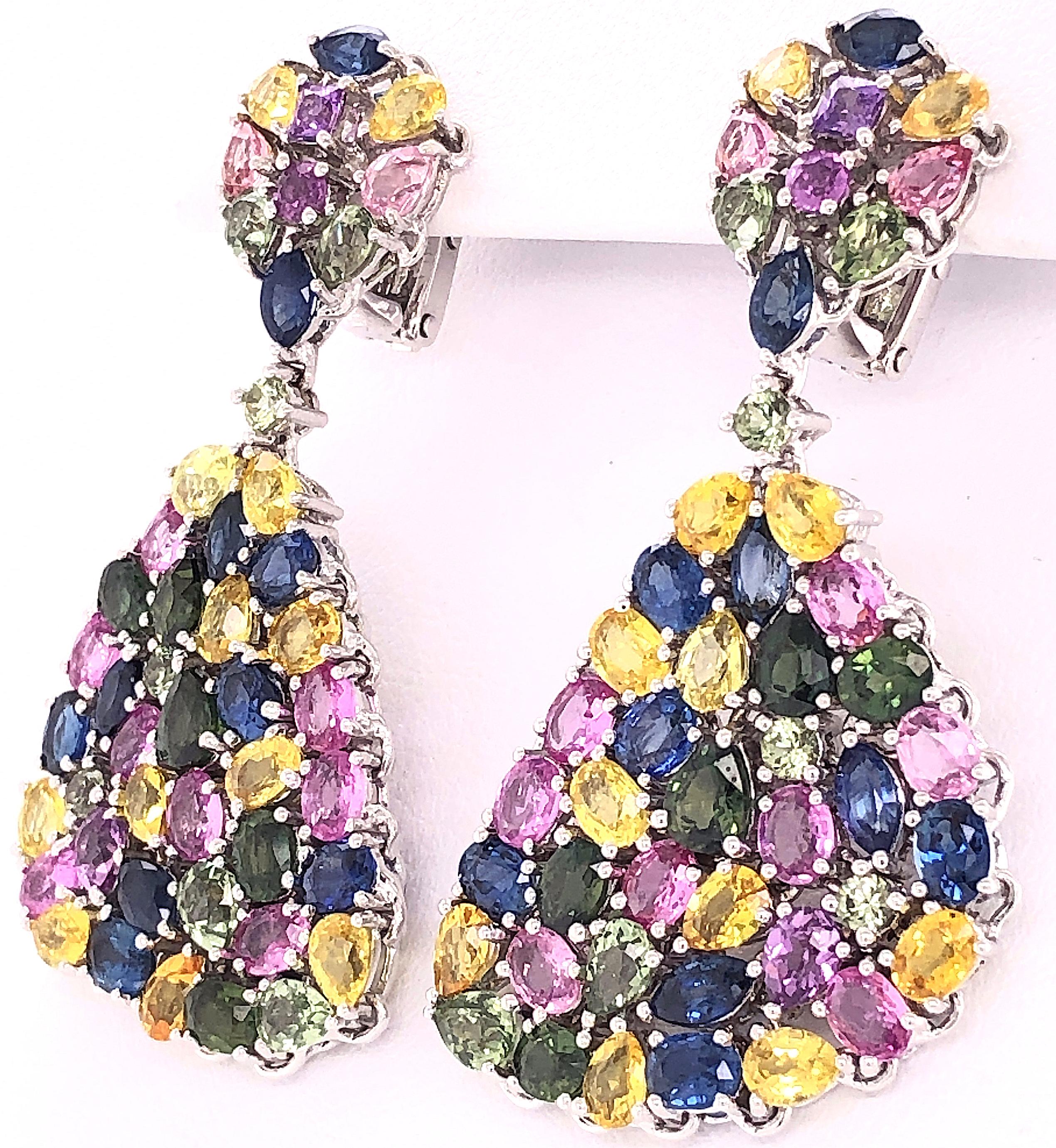 Multi-Color Sapphire Gemstone Dangle Earrings 18 Karat White Gold In Excellent Condition For Sale In MIAMI, FL