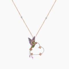 Multicolor Sapphire Gemstone & Diamond Hummingbird Rose Gold Pendant Necklace