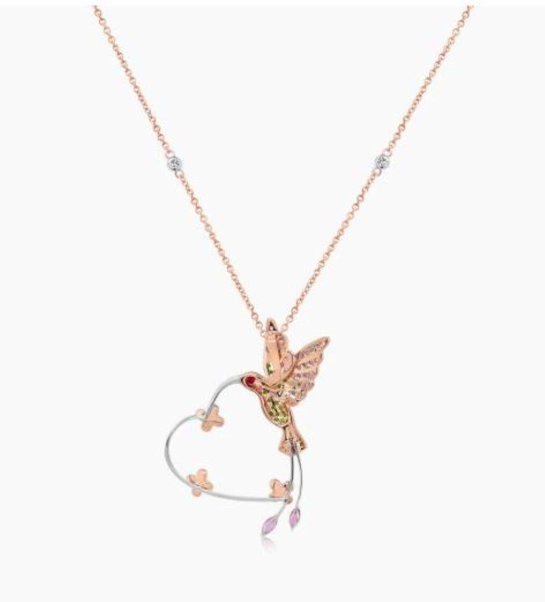 Mixed Cut Multicolor Sapphire Gemstone & Diamond Hummingbird Rose Gold Pendant Necklace For Sale