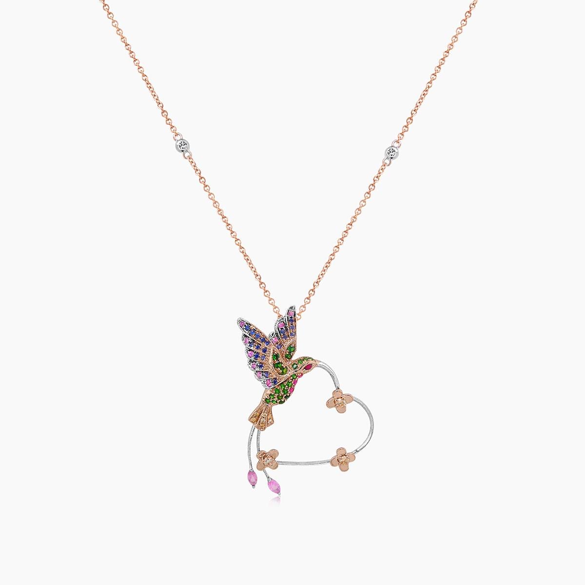Multicolor Sapphire Gemstone & Diamond Hummingbird Rose Gold Pendant Necklace In New Condition For Sale In Oakton, VA